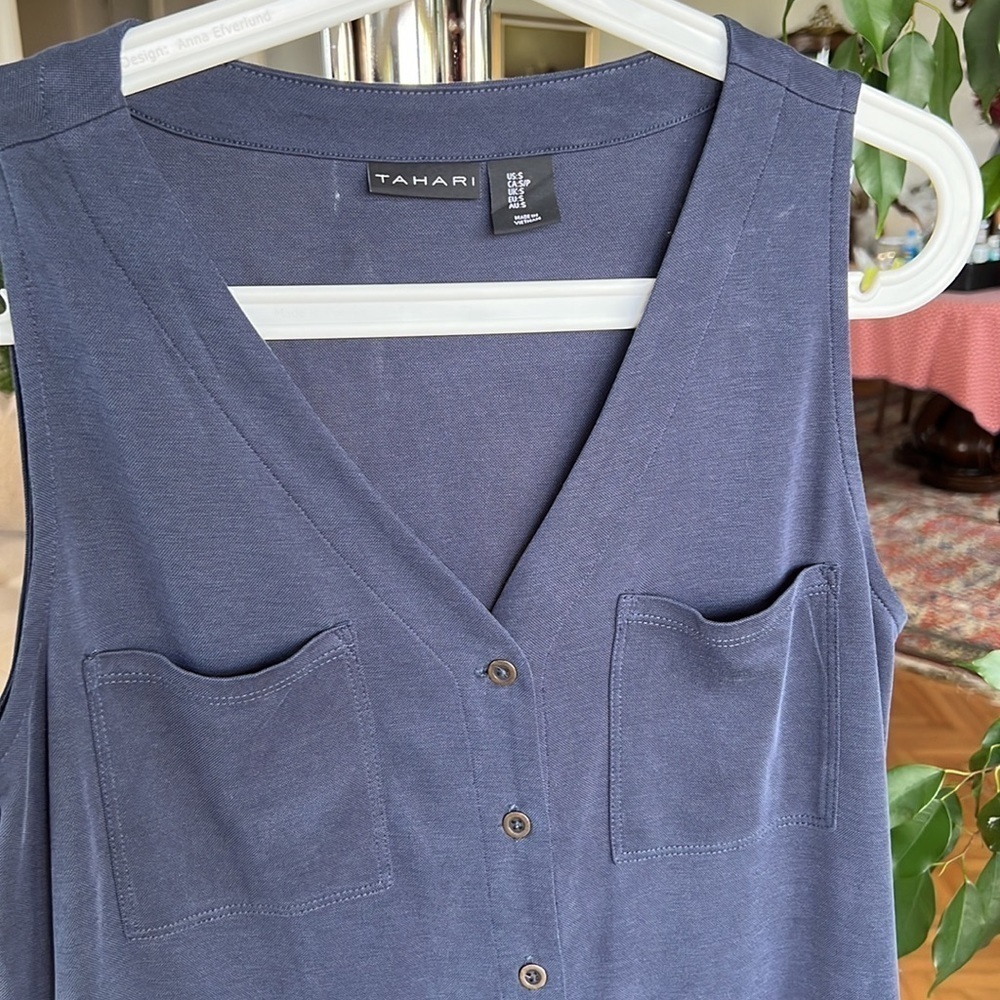 Tahari midnight blue midi button down sleeveless shirtdress - Picture 5 of 11